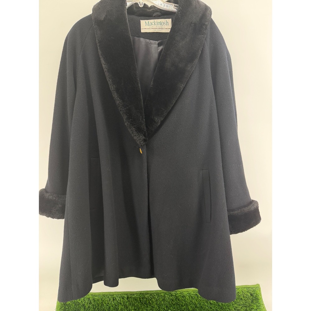 Mackintosh New England Black Wool Swing Coat Faux Fur Collar Vintage USA Made